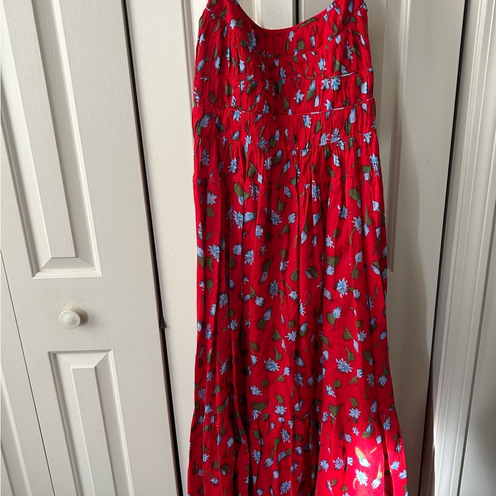J. Crew Red Dress with Blue Floral Design